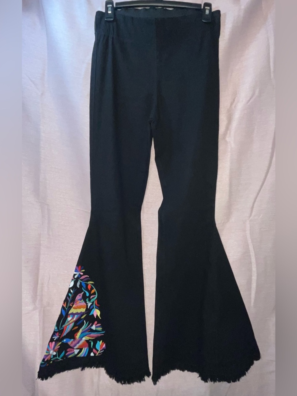 Judith March Black Embroidered Flare Pants Boho Bell Bottoms Birds Floral Detail